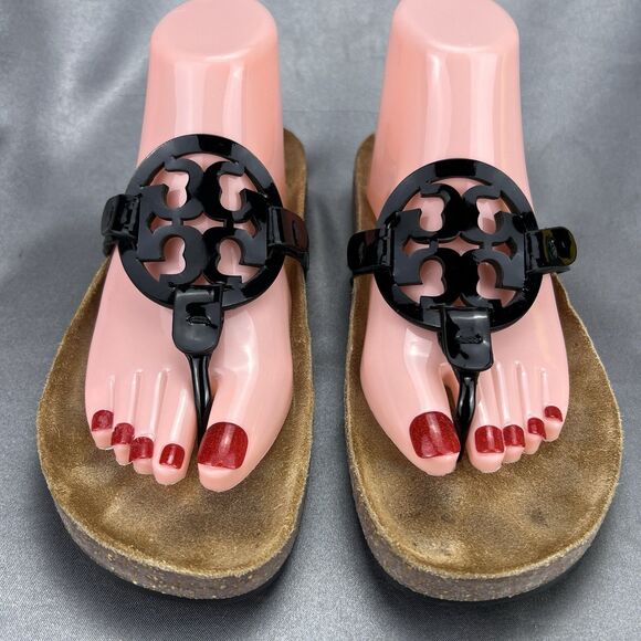 Tory Burch Miller Cloud Patent Sandals Women’s 8.5 Black Cork Thong School Shoes - Picture 4 of 14